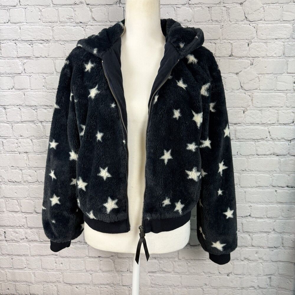Z Supply London Star Bomber Jacket Faux Fur Hooded Zip Up Womens S Navy White - Picture 5 of 13